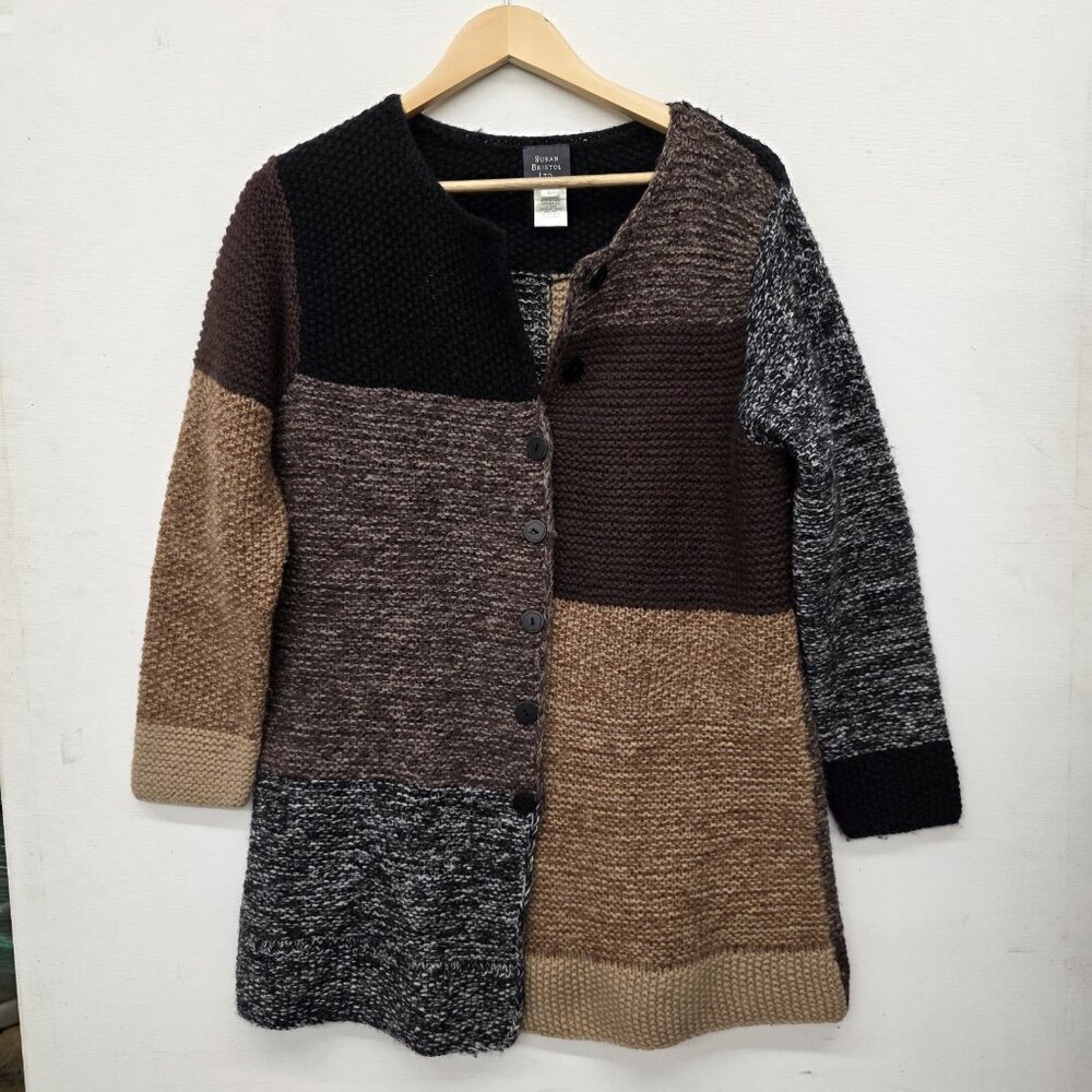susan bristol Wool cardigan Earth tone Color Block Sweater Size Large